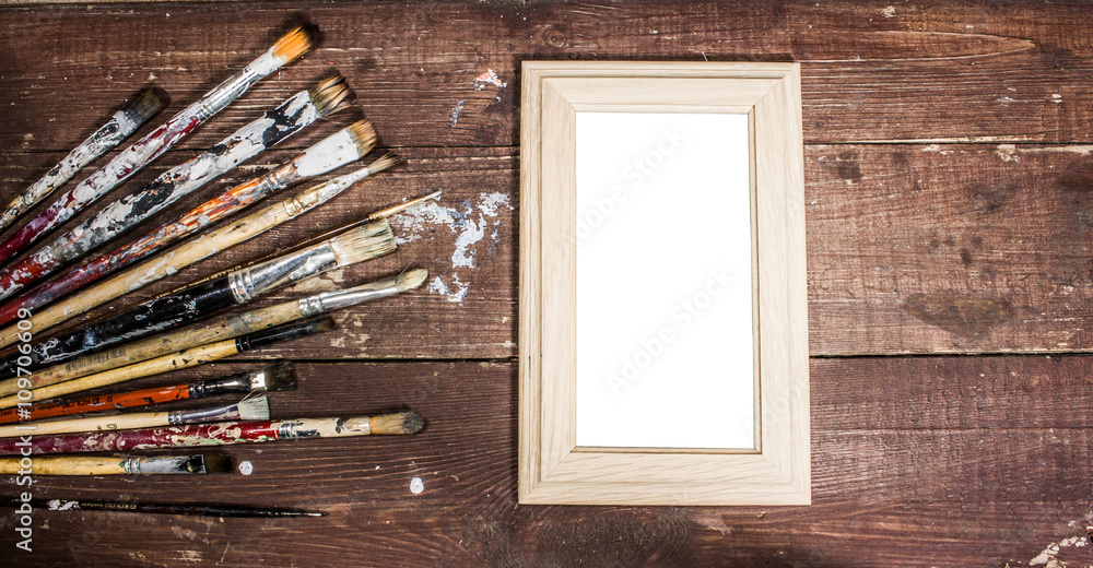 Fototapeta premium Photo frame in dirt wood decorating
