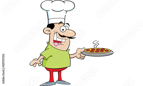 Cartoon illustration of a chef holding a pizza.