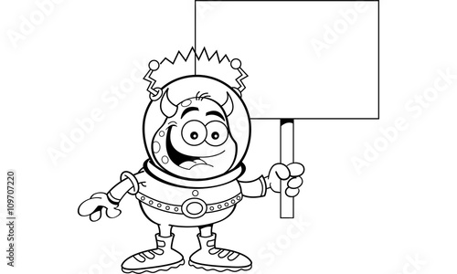 Black and white illustration of a space alien holding a sign.