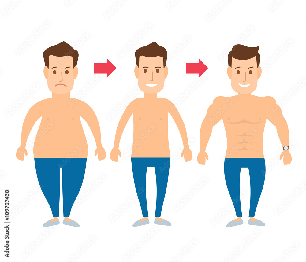 man body transformation. from fat to muscle man concept illustration isolated on white background man body transformation. from fat to muscle man concept illustration isolated on white background