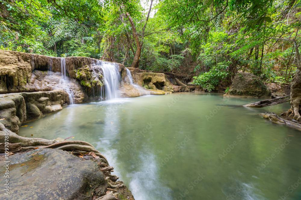 Huey Maekamin waterfall during summer season that has less water, This place located in Kanchanaburi province of Thailand. Huey Maekamin waterfall during summer season that has less water, This place located in Kanchanaburi province of Thailand.
