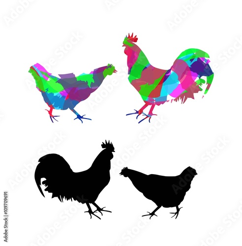 silhouette di gallo e gallina su sfondo bianco