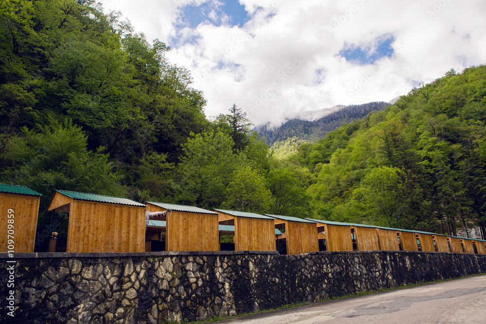 Fototapeta premium small houses in mountain green forest