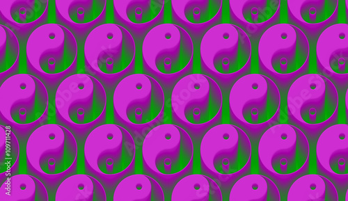 seamless 3d background made of yin yang symbols in purple and green