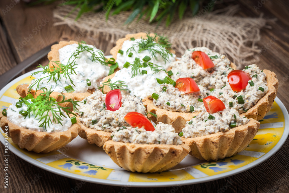 Muffins with smoked salmon pate, cheese and dill. Muffins with smoked salmon pate, cheese and dill.