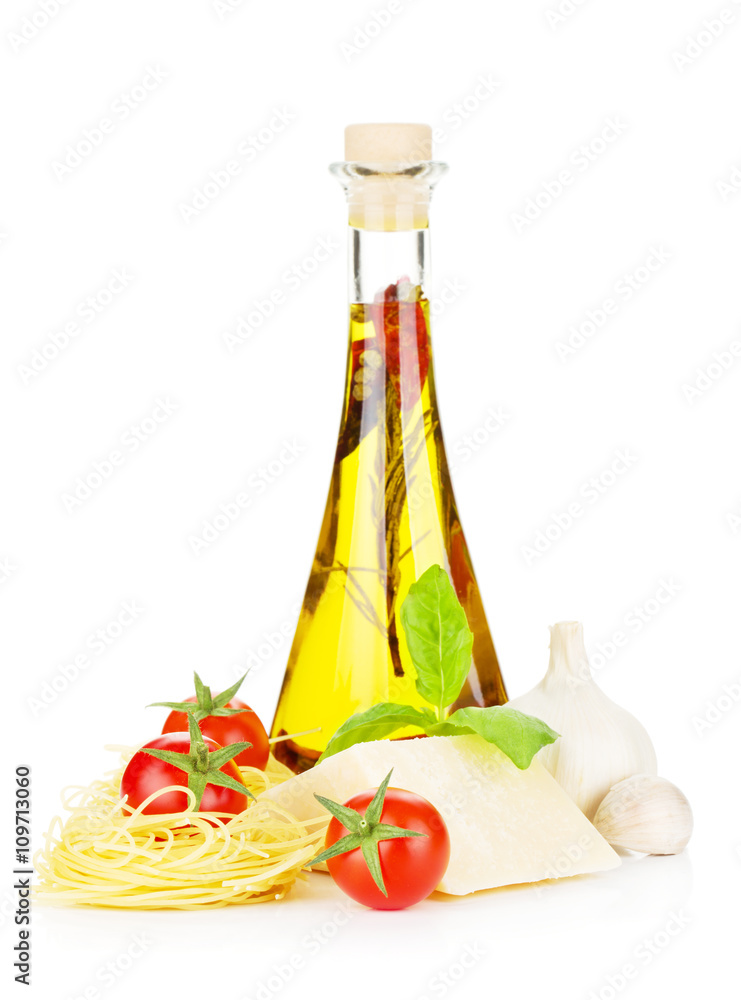Pasta, tomatoes, basil, olive oil and parmesan cheese Pasta, tomatoes, basil, olive oil and parmesan cheese