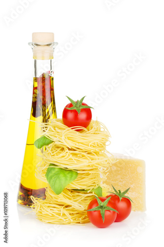 Pasta, tomatoes, basil, olive oil and parmesan cheese