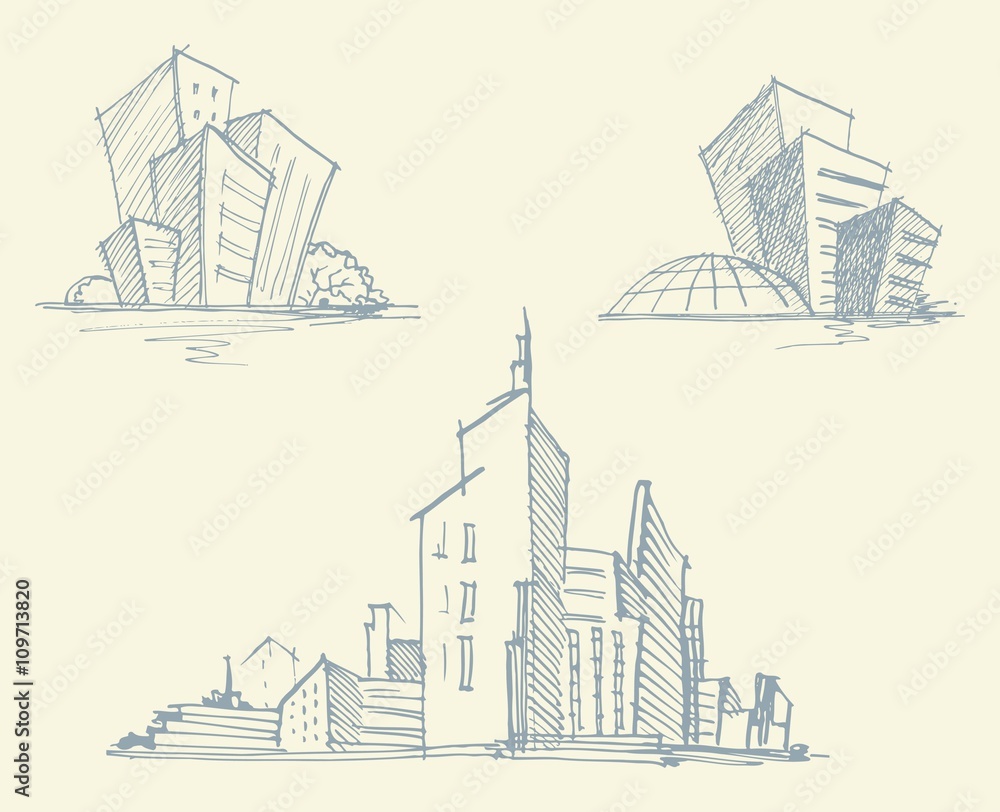 Sketches of city buildings. Vector illustration