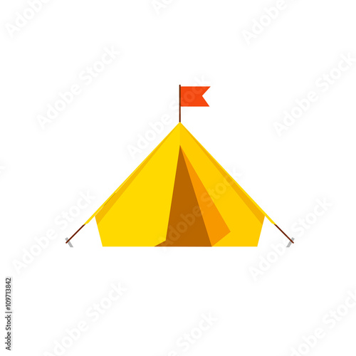 Camping tent icon vector isolated on white background, yellow tourist camp tent illustration flat cartoon design, campground hiking adventure sport dome shelter awning 