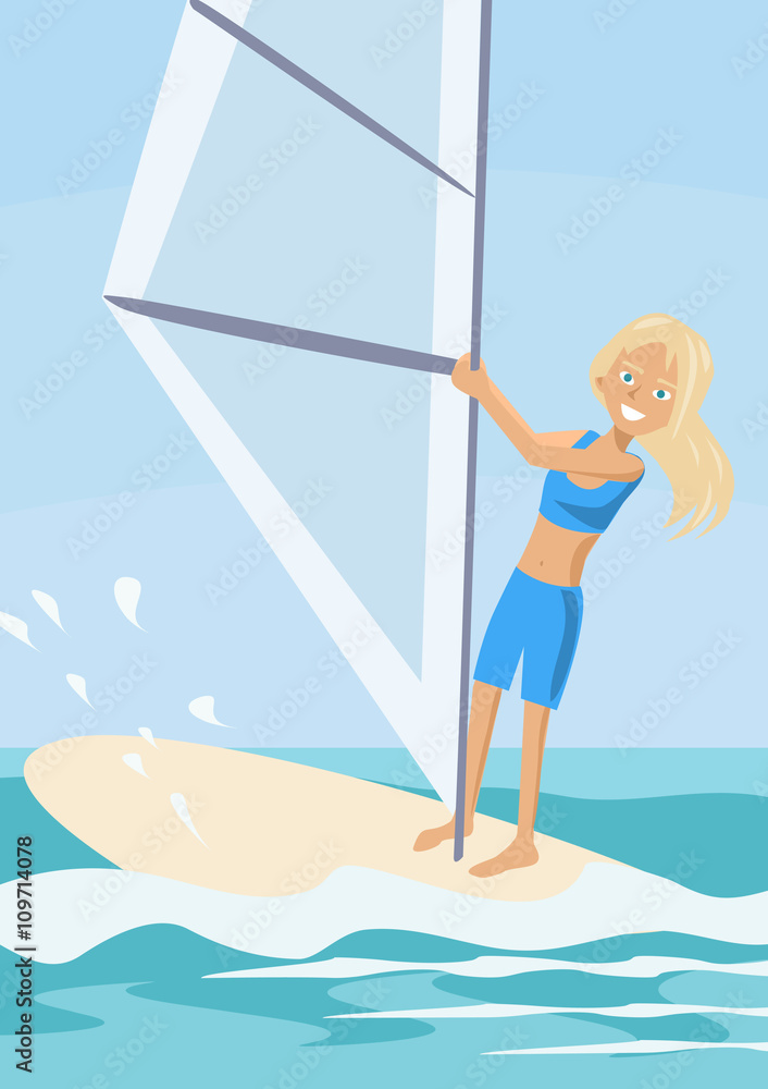 cartoon girl learning windserfing cartoon girl learning windserfing