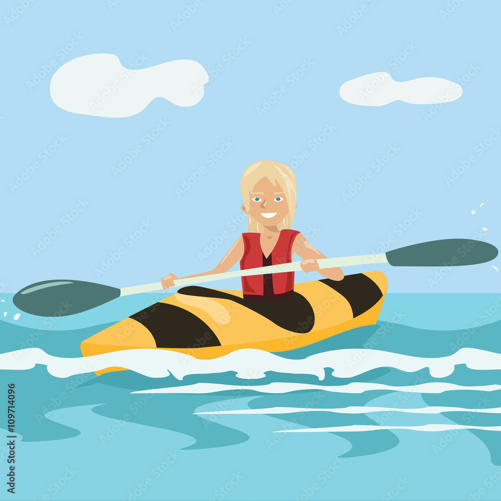 cartoon girl paddling a kayak