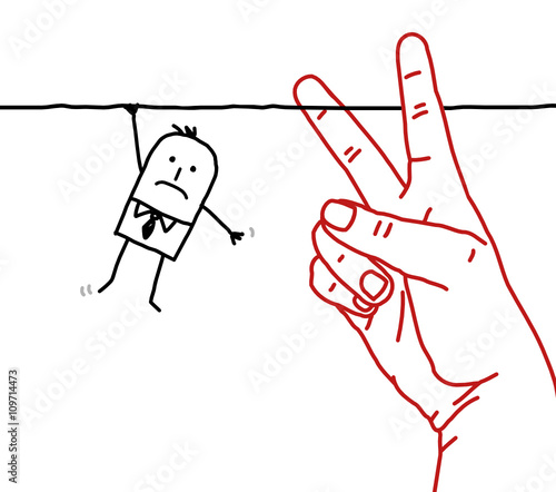 big hand with cartoon character - cutting