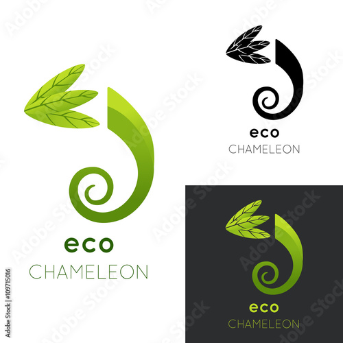 Eco chameleon logo. Vector illustration isolated on white. Green stylized chameleon with leaves. Concept for eco company, organic shop, vegetarian restaurant