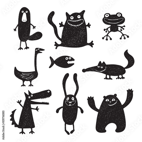 Collection of cartoon funny vector animals silhouettes