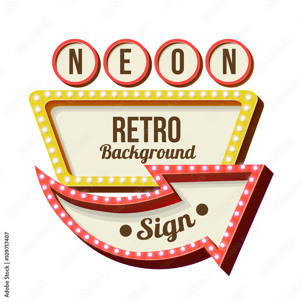 Retro night sign with an arrow. Vintage 3D volumetric banner. Outdoor