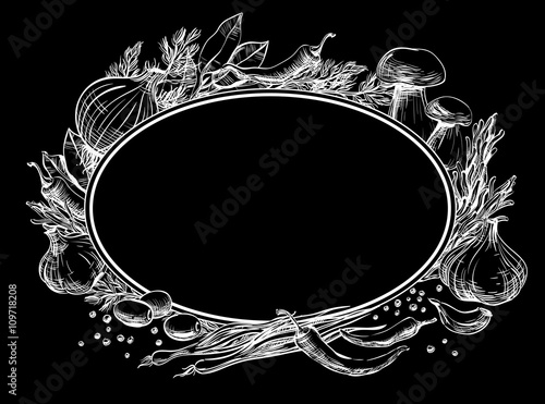 Center oval frame empty for text around it are spices, herbs, condiments, vegetables hand drawn strokes and lines, design for menu restaurants, cafes, bistros, vector white lines on a black, inversion