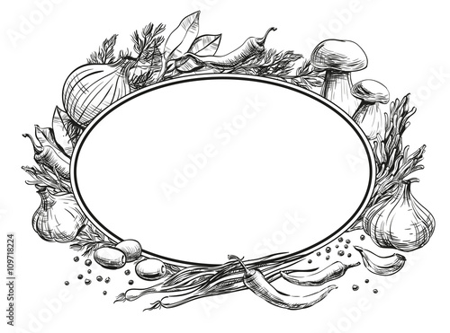 Center oval frame empty for text around it are located hand drawn strokes, black lines spices, herbs, condiments and vegetables, menu design for restaurants, cafes, bistros, vector, white background
