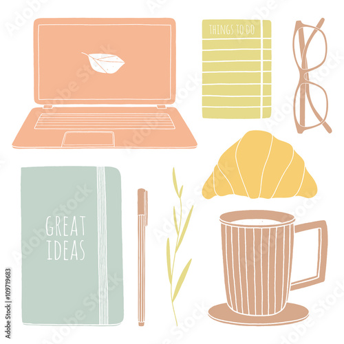 Set of work table vector elements. Hand drawn illustration concept for daily routine