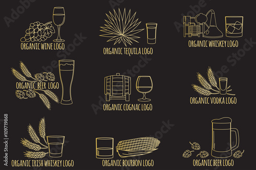 Elements on the theme of the restaurant business.  Logo, branding,  badge organic alcohol  drinks symbol. Vector illustration.