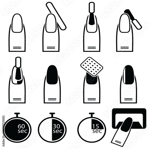Gel and hybrid  nails preparation process, lacquer up, and protection process under uv and led lamp icon set in black and white
