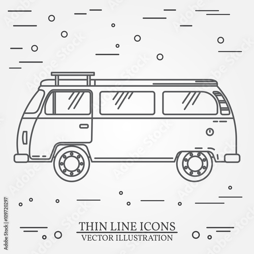 Travel bus family camper thin line. Traveler truck tourist bus outline icon. RV travel bus grey and white vector pictogram isolated on white. Summer bus family travel concept. Vector illustration.