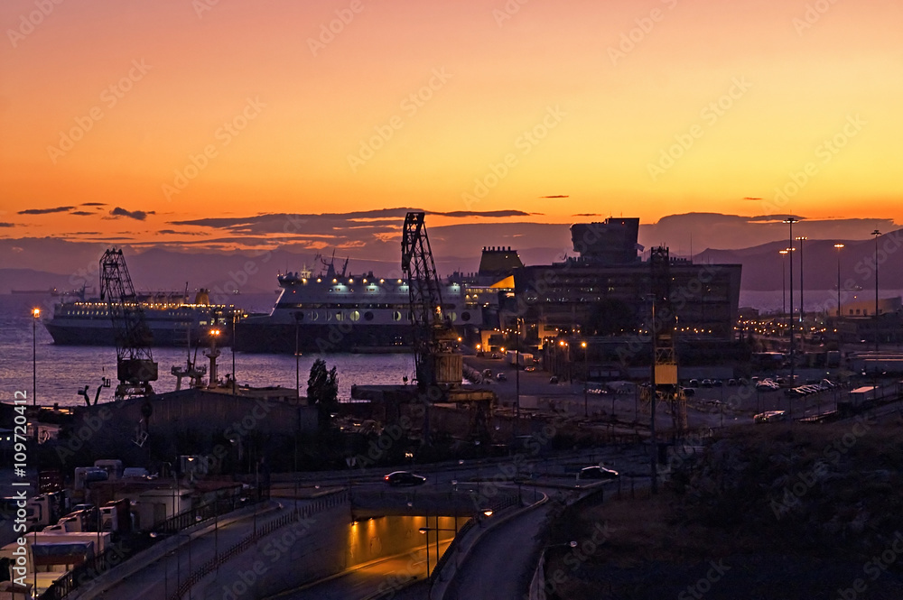 Evening in the passenger port of Piraeus, Athens (sunset) Evening in the passenger port of Piraeus, Athens (sunset)