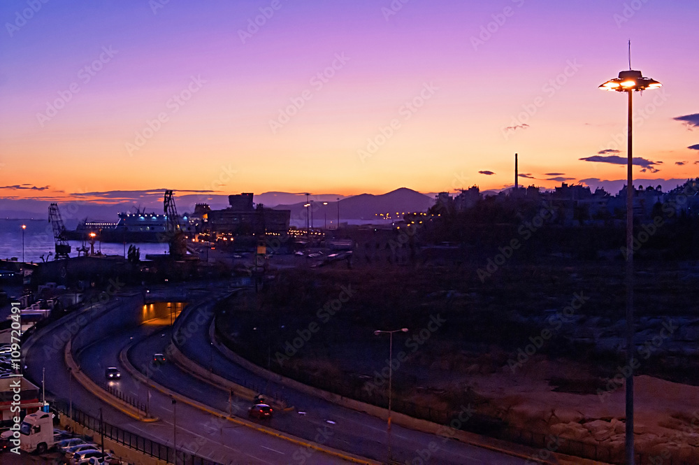 Evening in the passenger port of Piraeus, Athens (sunset)
