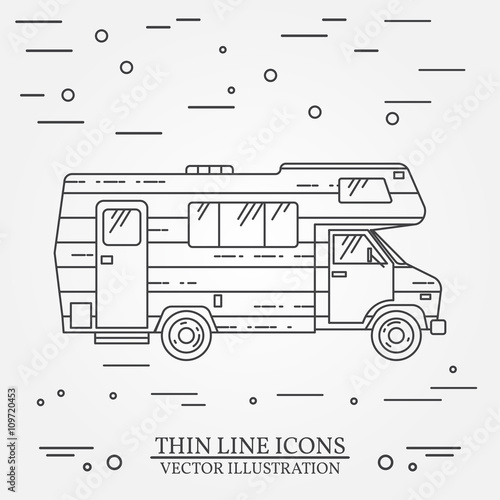 Traveler truck camper thin line. Camping RV trailer family caravan outline icon. RV travel camper grey and white vector pictogram isolated on white.