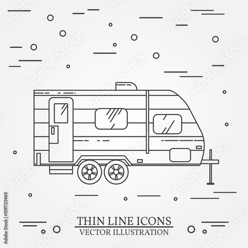 RV camper trailer thin line. Camping RV trailer caravan outline icon. RV travel camper grey and white vector pictogram isolated on white. Summer camper family travel concept. Vector illustration.