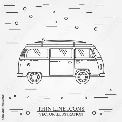 Travel bus family camper with surf board thin line. Traveler truck tourist bus outline icon. RV travel bus grey and white vector pictogram isolated on white. 