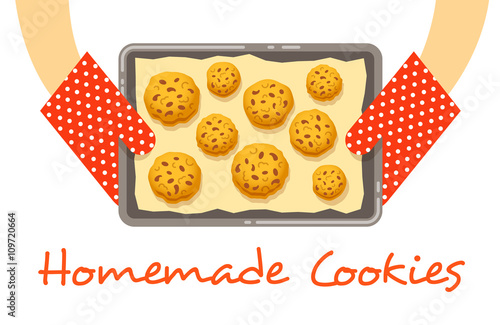 Homemade cookies on a pan, fresh baked and got out of an oven. Home bakery vector background. Female hands holding a tray with baking paper and several biscuits with chocolate. Flat illustration