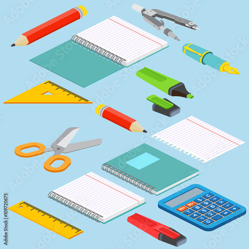 Isometric illustration on a blue background with the image ruler, calculator, markerpen, pencil, pen, pencil, scissors, pair of compasses and open notepad. Vector illustration.