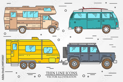 Set of Tourist bus, SUV, trailer, jeep, RV camper trailer, Traveler truck.  Summer trip family travel concept.  Thin line icon. Vector illustration.