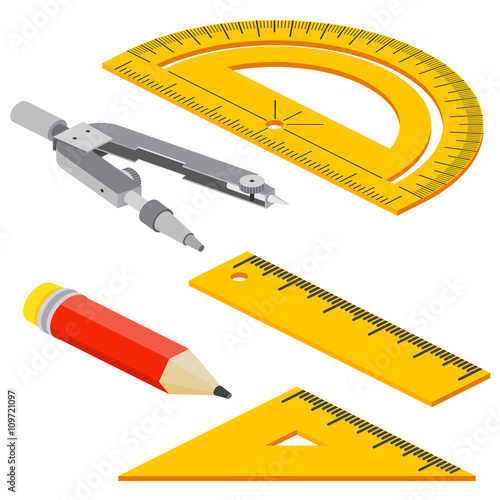 Set of Isometric measuring tools: rulers, triangles, protractor, pencil and pair of compasses . Vector school instruments isolated on white background.