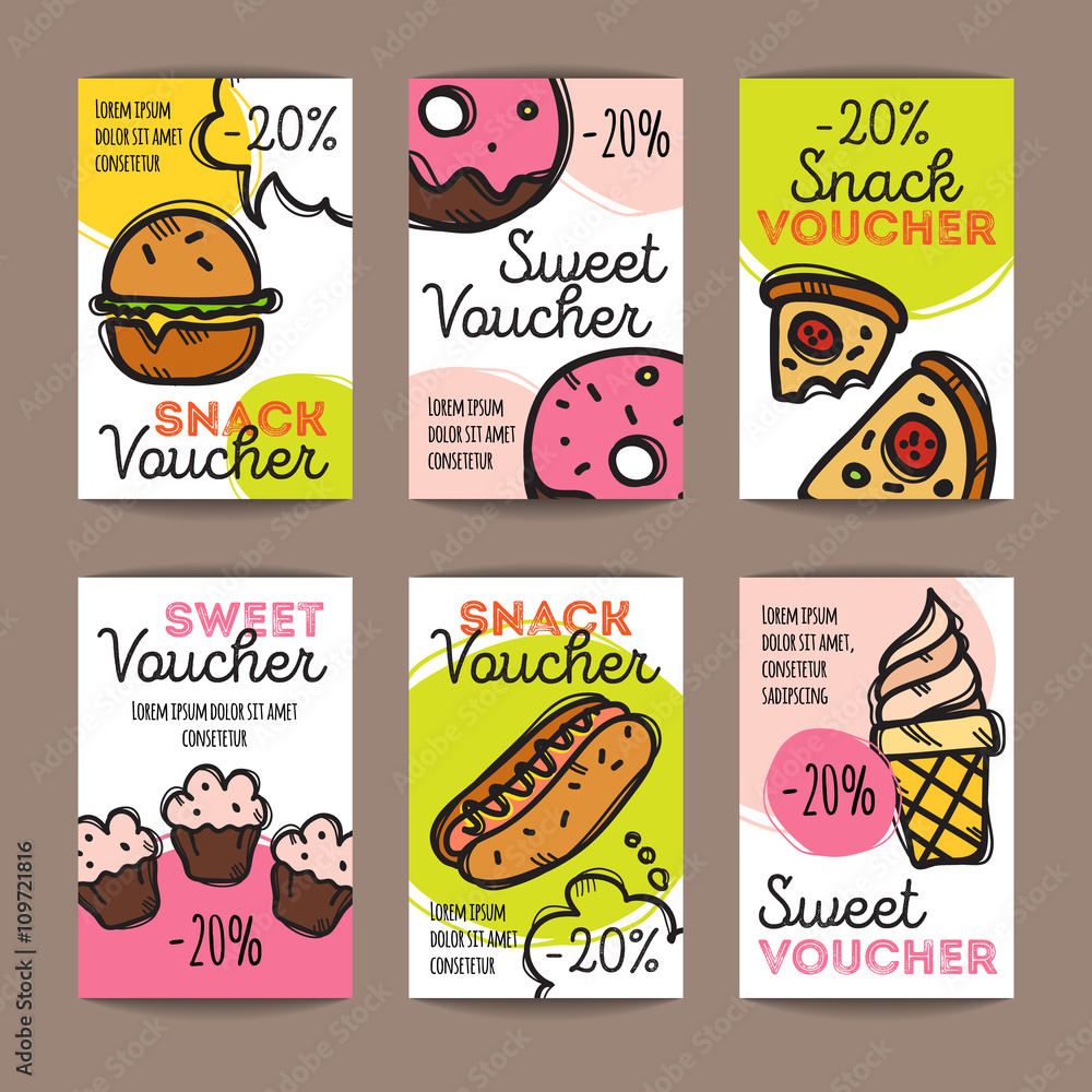 Vector set of discount coupons for fast food and desserts. Colorful doodle  style discount voucher templates. Snack promo offer cards.  Stock-Vektorgrafik | Adobe Stock