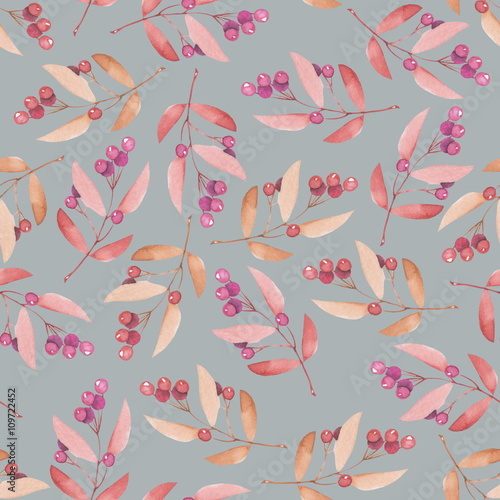 Seamless pattern with the red and orange berries, hand drawn in a watercolor on a grey background, background for your card and work, hand drawn in a pastel