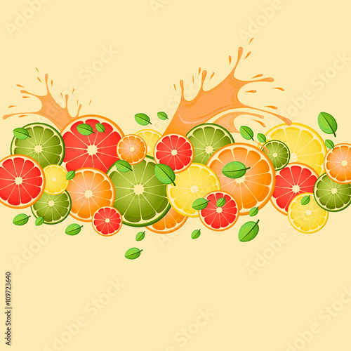 Citrus with splashes of juice and mint leaves