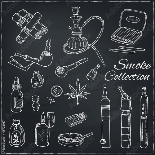 Doodle retro smoke set with hookah, vape, cannabis and pipes.