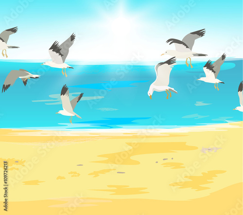 Summer holidays. Beach with flying seagulls and tropical sea with bright sun. Vector illustration