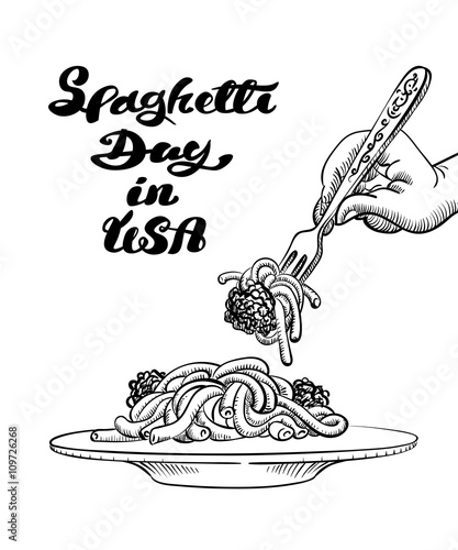  banner spaghetti day in USA with calligraphy text, hand keeps f