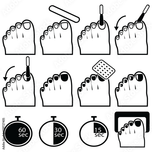 Pedicure gel and hybrid  nails preparation process, lacquer up, and protection process under uv and led lamp icon set in black and white 
