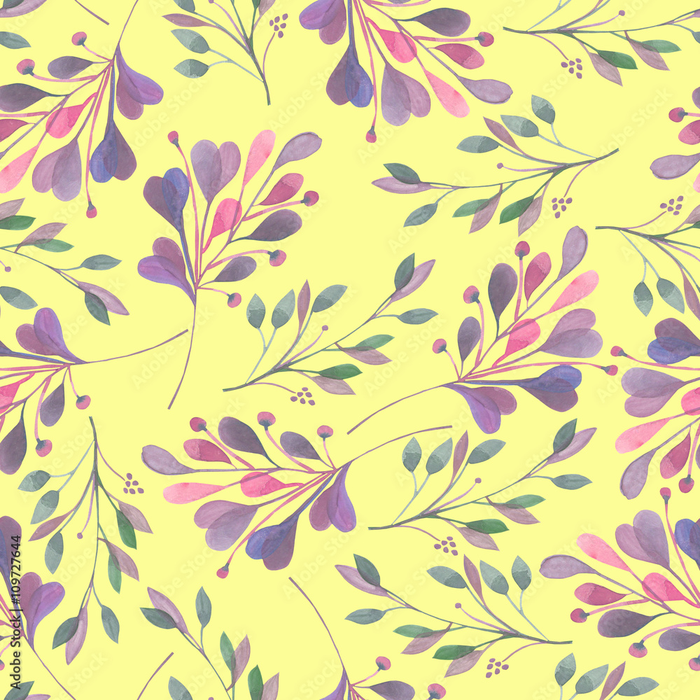 Seamless pattern with the watercolor pink and purple leaves and branches on a yellow background, wedding decoration, hand drawn in a pastel
