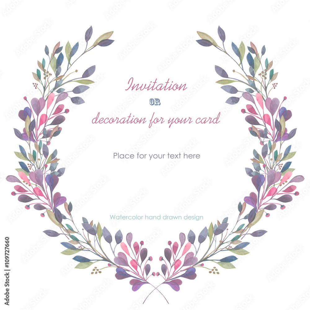 Circle frame, wreath of the pink and green branches, hand drawn in a watercolor on a white background, greeting card, decoration postcard or invitation Circle frame, wreath of the pink and green branches, hand drawn in a watercolor on a white background, greeting card, decoration postcard or invitation