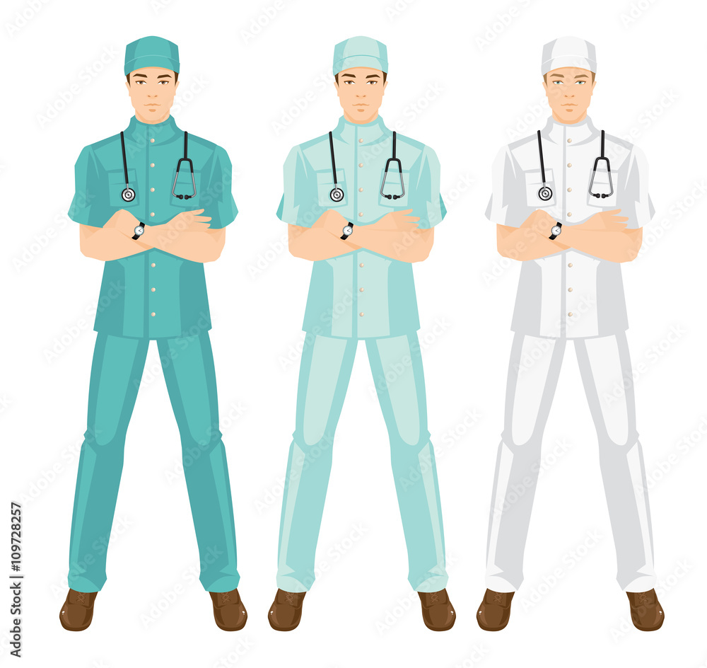 Vector illustration of medical man in medical gown. A young doctor in different color uniform and hat isolated on white background. Vector illustration of medical man in medical gown. A young doctor in different color uniform and hat isolated on white background.