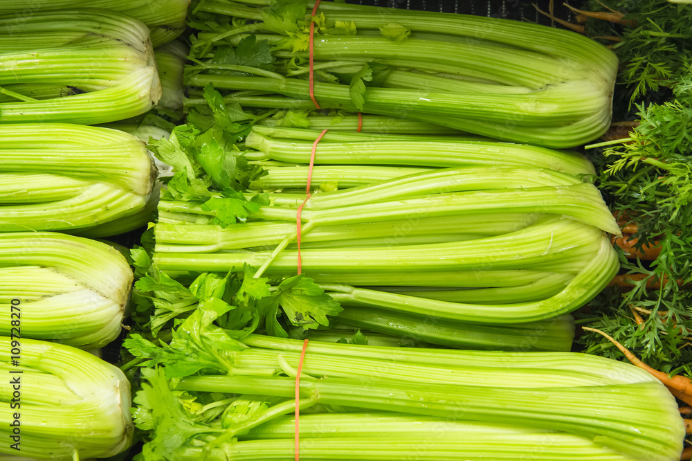 fresh group of celery from market shelves