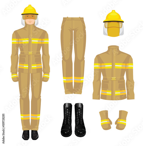 Vector illustration of firefighter in uniform isolated on white background. Protection clothes for firefighter 