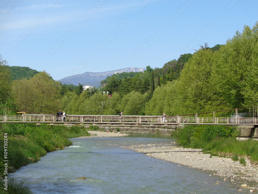Подвесной мост через реку, деревья со свежей зеленой листвой, голубое небо