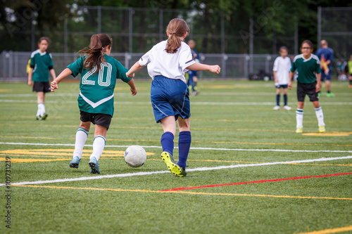 Girls playing soccer at the artificial turf field