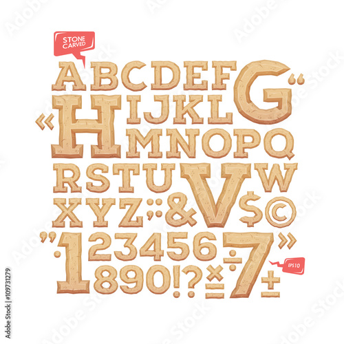 Sculpted alphabet. Stone carved letters, numbers and typeface symbols. Vector illustration.