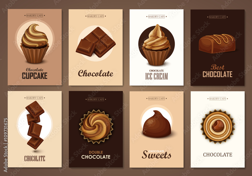 Set of brochures with chocolate sweets. Vector templates. Backgrounds with chocolate, cupcakes and candies.